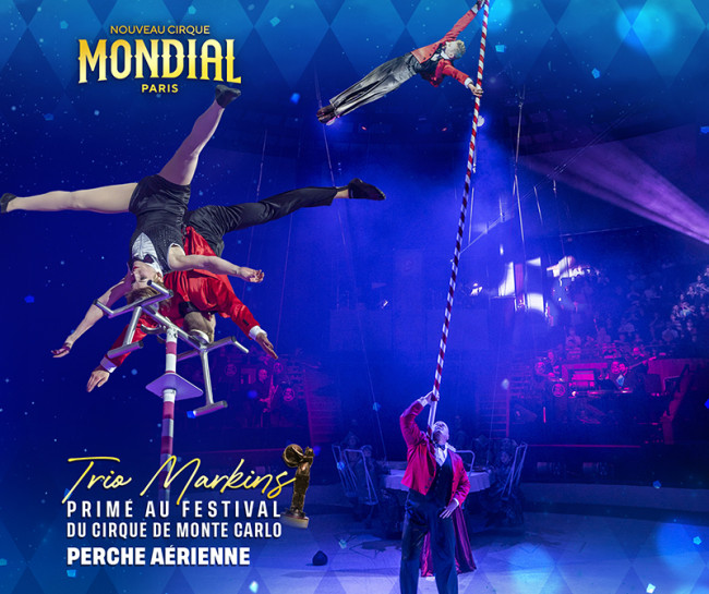 Spectacle au Nouveau Cirque Mondial avec la perche aérienne Photo du Trip Markins, primé au festival du cirque de Monte Carlo